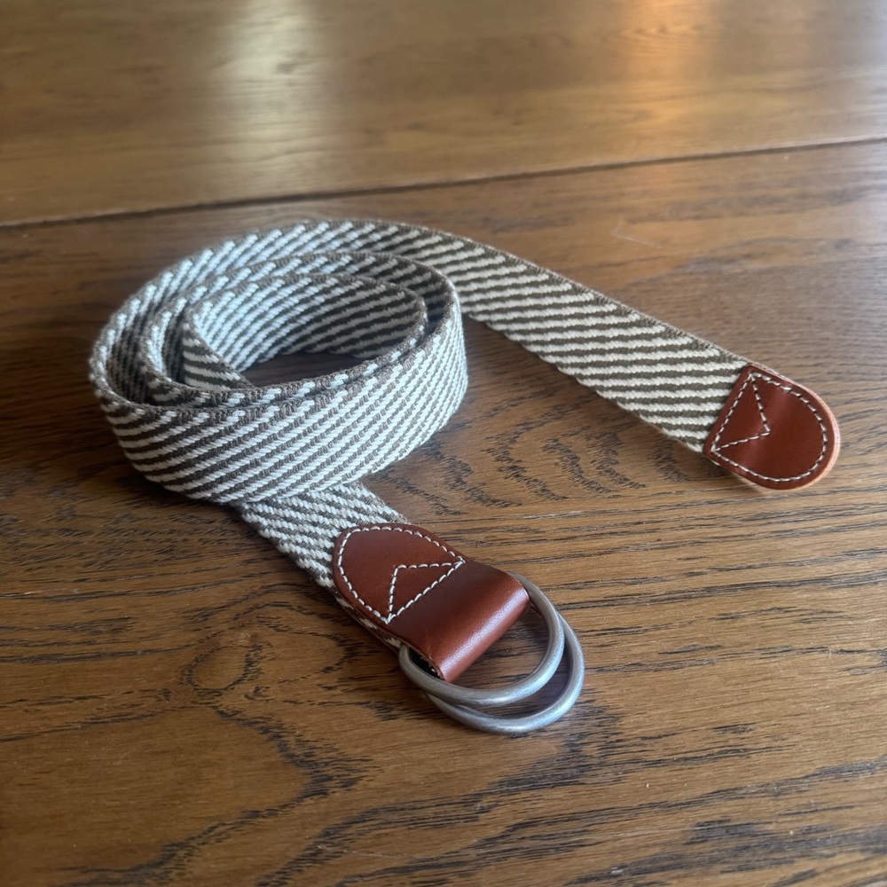 J Crew‎ Woven Belt Men cream & tan leather accent silver buckle Size L